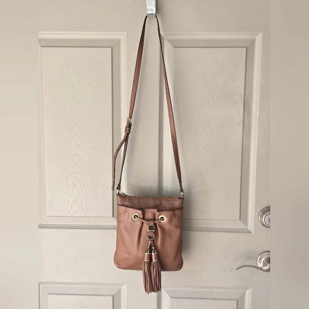 Michael Kors Leather Crossbody Bag Women's Brown Pebble Tassels Logo Small